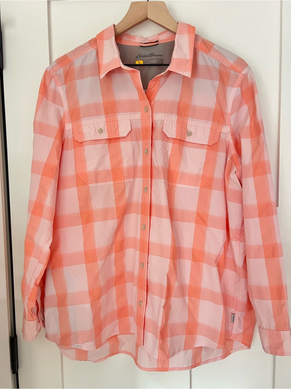 Eddie Bauer Travex Plaid Button Up Shirt Women’s XL Coral Pink Outdoor Hiking